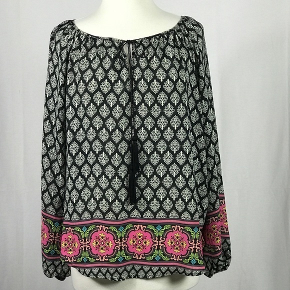 Boho Damask Print Peasant Blouse - Picture 2 of 12